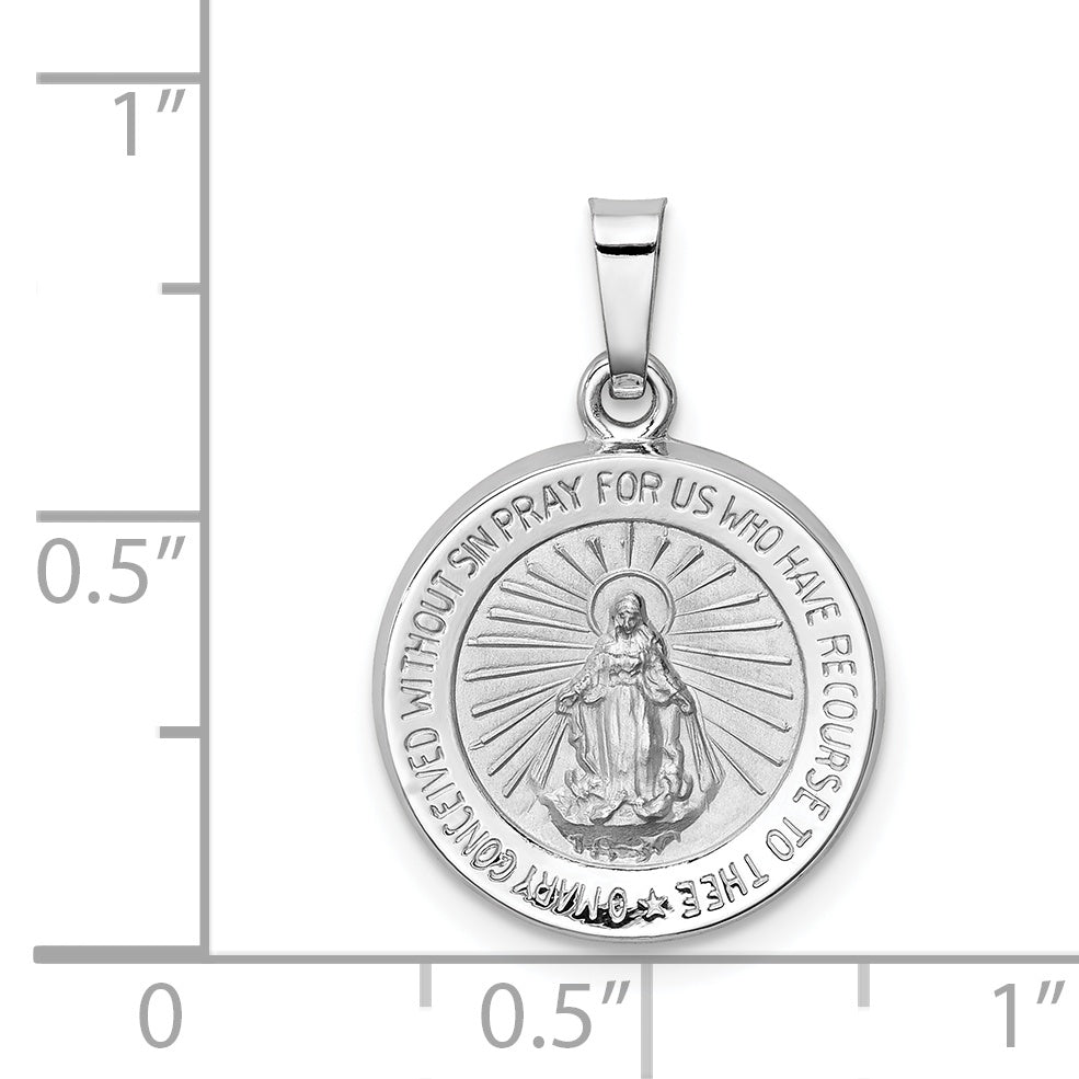 14K White Gold Polished / Satin Miraculous Medal Hollow Pendant