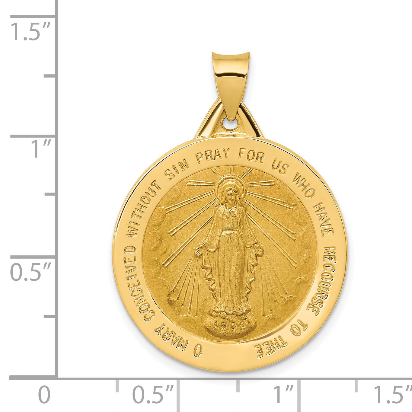 14K Polished and Satin Miraculous Medal Hollow Pendant