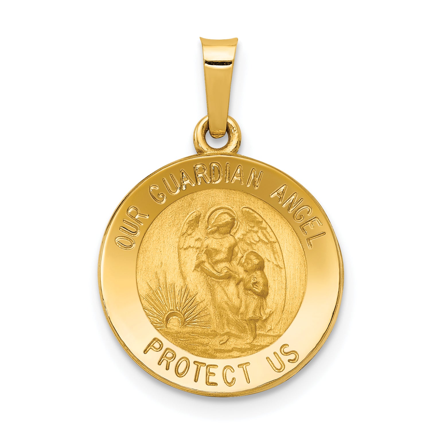 14k Polished and Satin Our Guardian Angel Medal Hollow Pendant