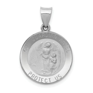 Guardian Angel Medal Charm in 14K White Gold, 27mm Satin & Polished - Sophia Jewelers