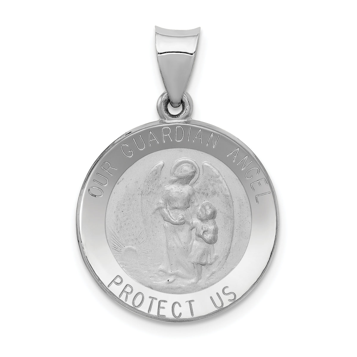 14K White Gold Our Guardian Angel Medal Hollow Pendant