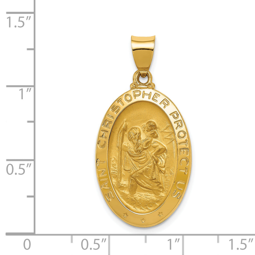 14K Polished and Satin St Christopher Medal Hollow Pendant