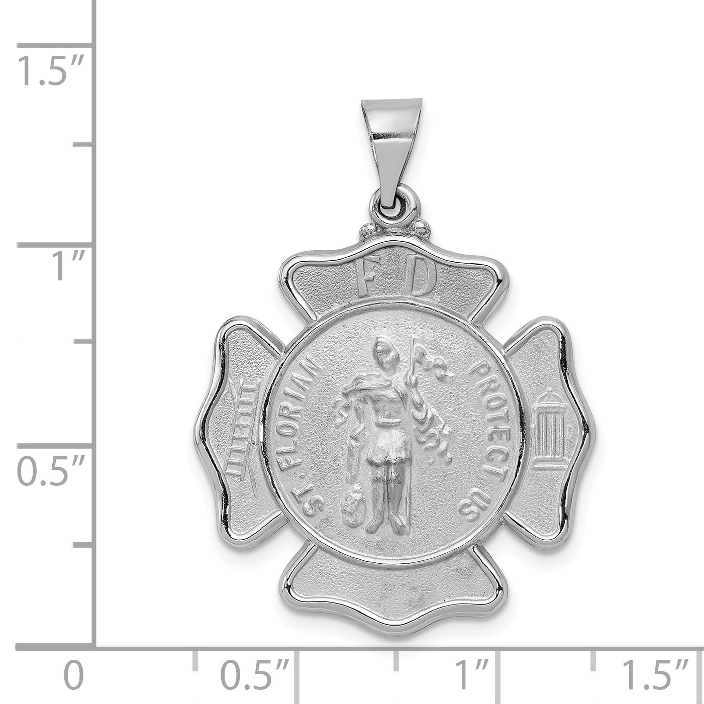 14K White Gold Polish/Satin St Florian Badge Medal Hollow Pendant