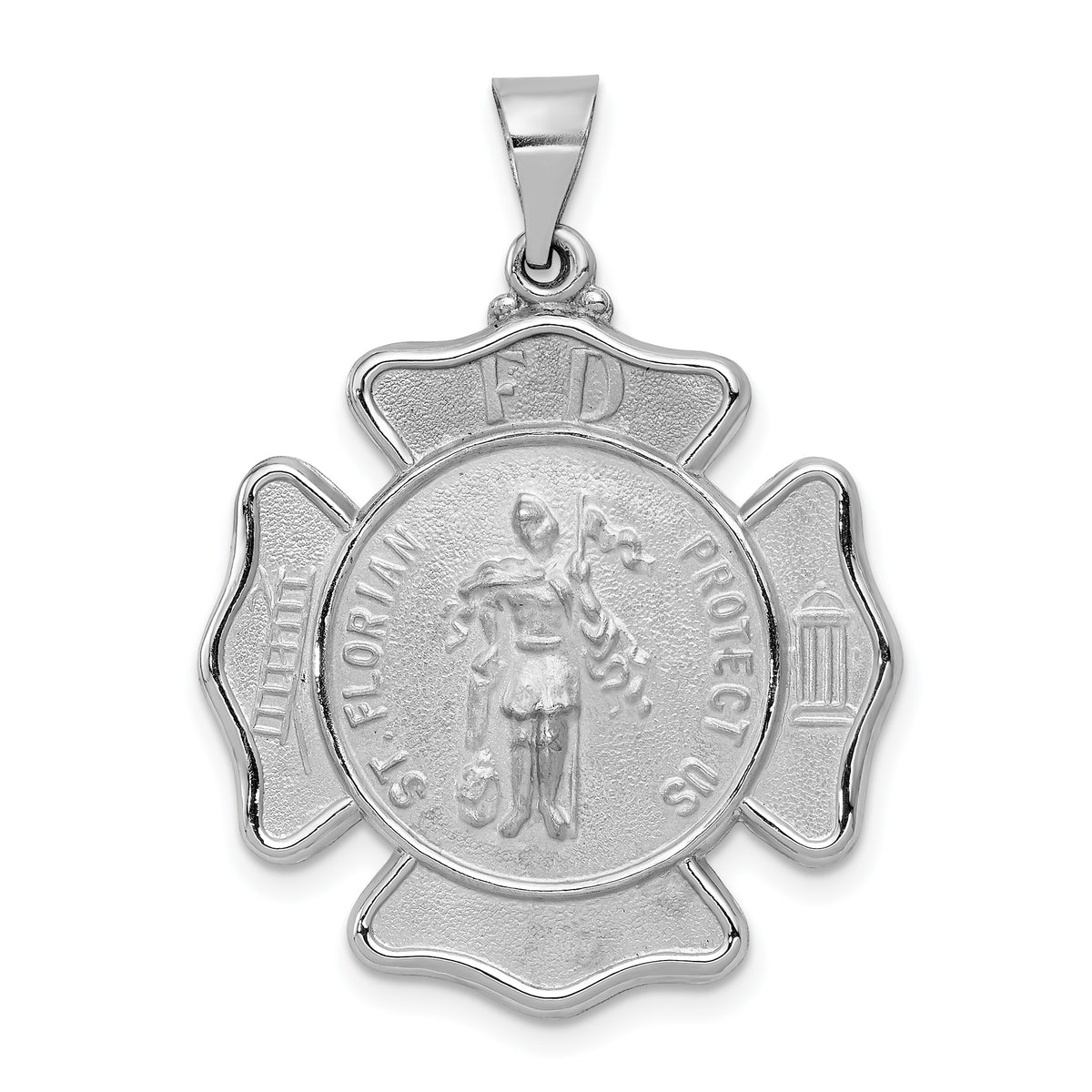 14k White Gold Polish/Satin St Florian Badge Medal Hollow Pendant