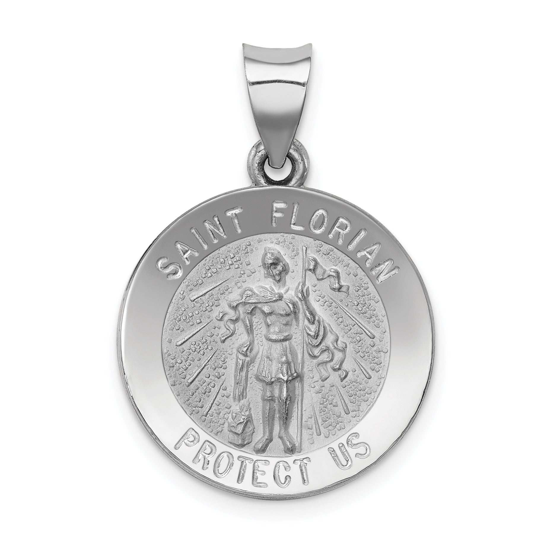 14k White Gold Polished and Satin St Florian Medal Hollow Pendant
