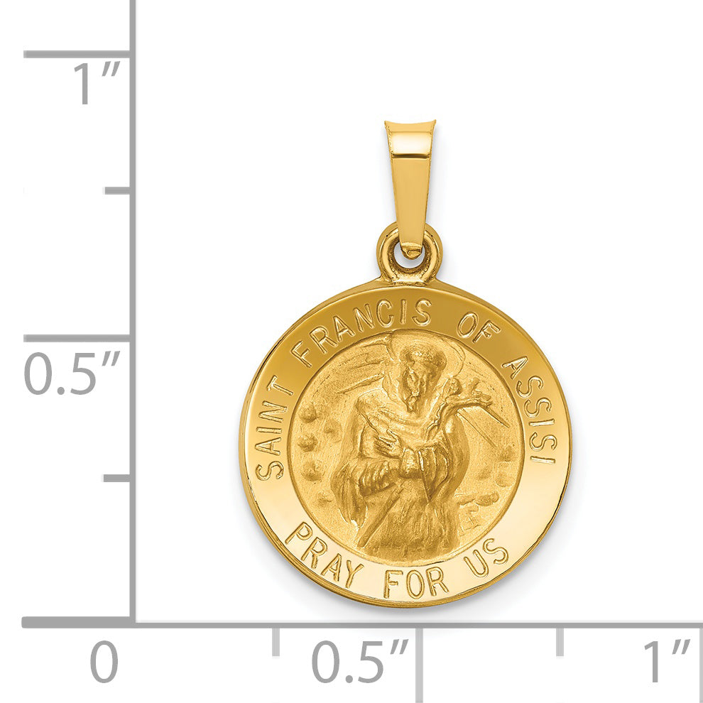 14K Polished and Satin St Francis of Assisi Medal Hollow Pendant