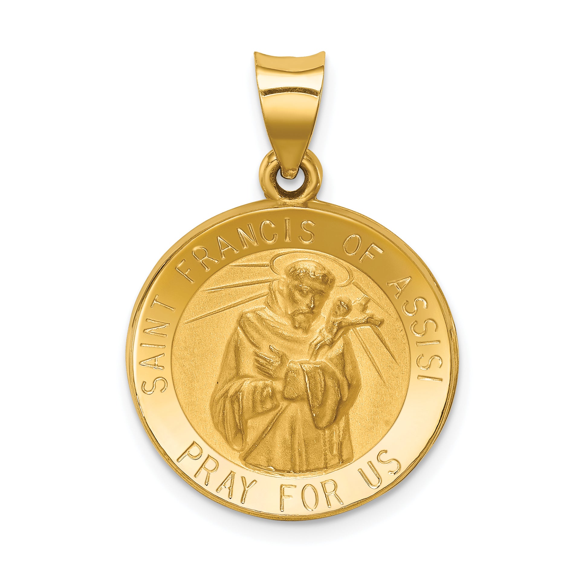 14k Polished and Satin St Francis of Assisi Medal Hollow Pendant