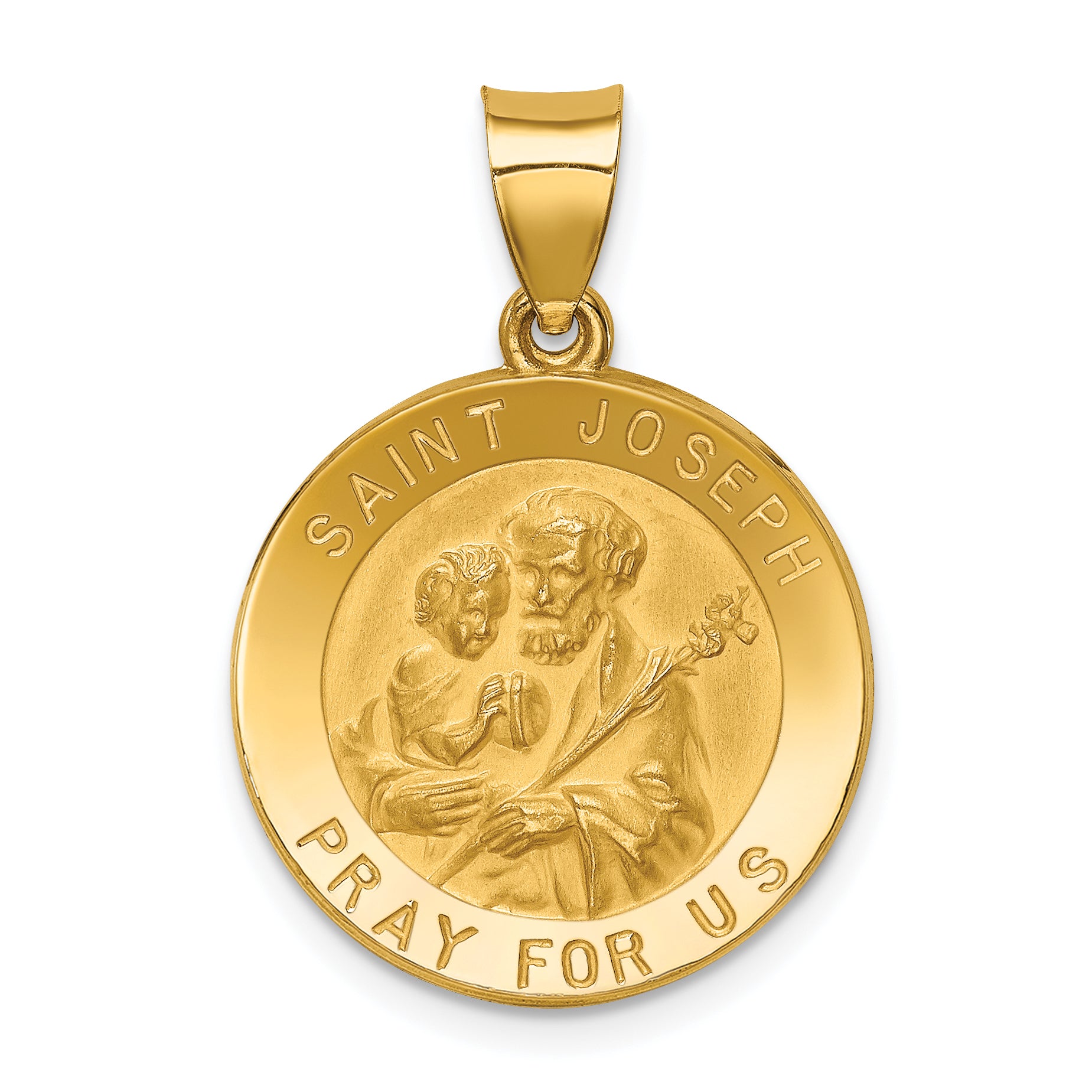14k Polished and Satin St Joseph Medal Hollow Pendant
