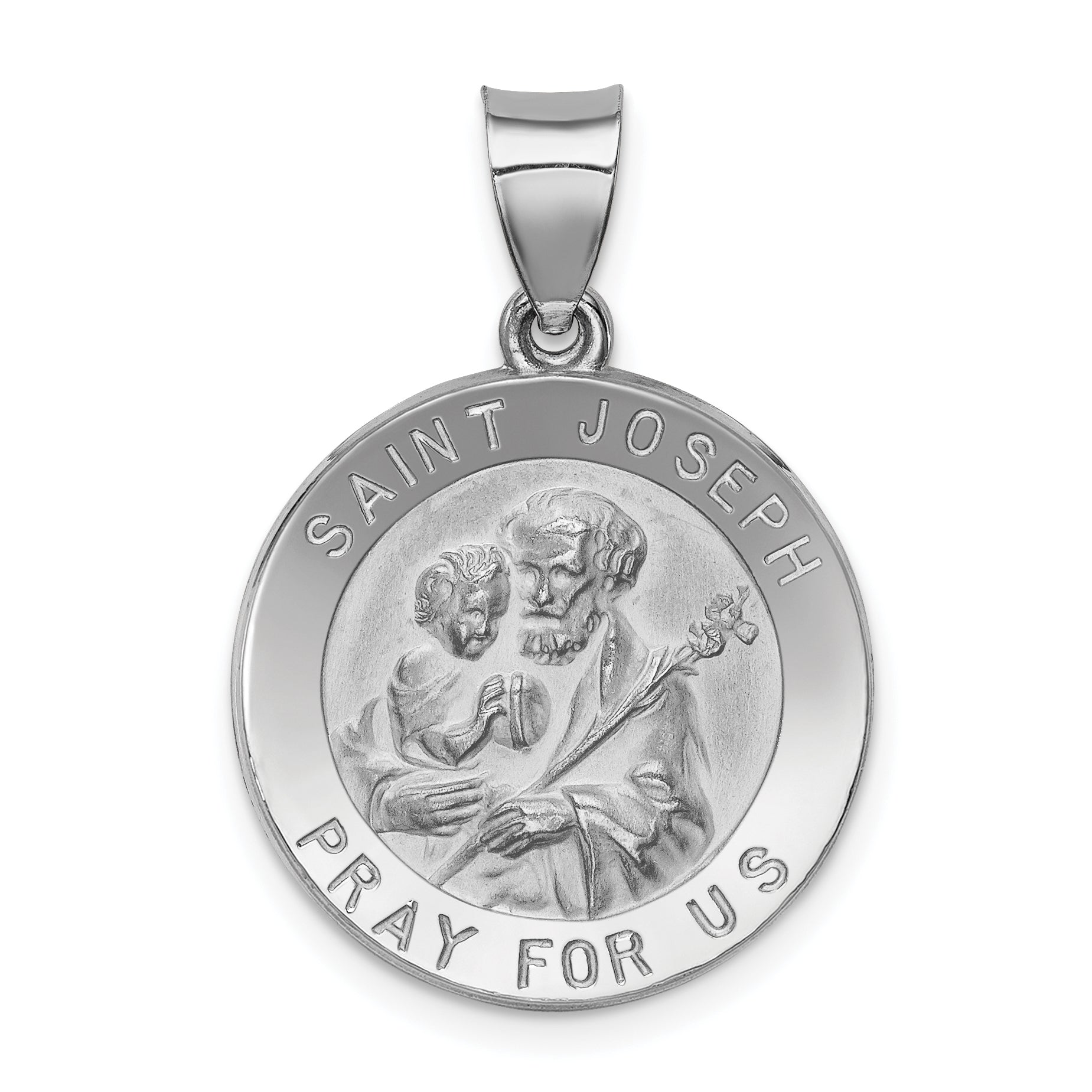 14k White Gold Polished and Satin St Joseph Medal Hollow Pendant Main image