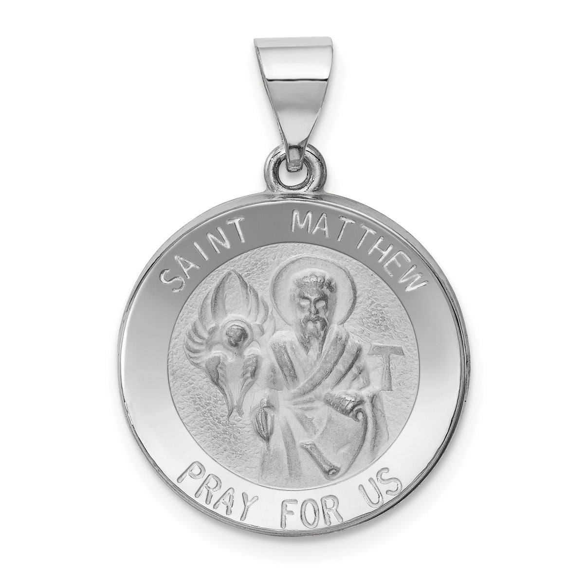 14k White Gold Polished and Satin St Matthew Hollow Pendant