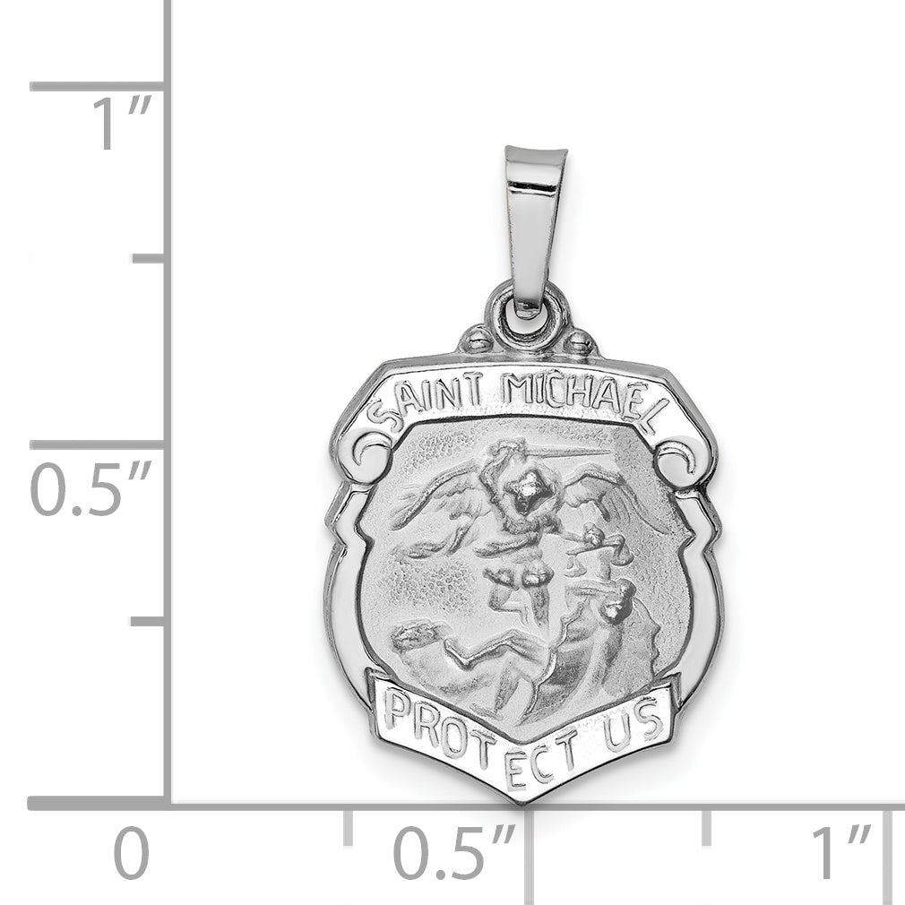 14K White Gold Polished and Satin St Michael Medal Hollow Pendant