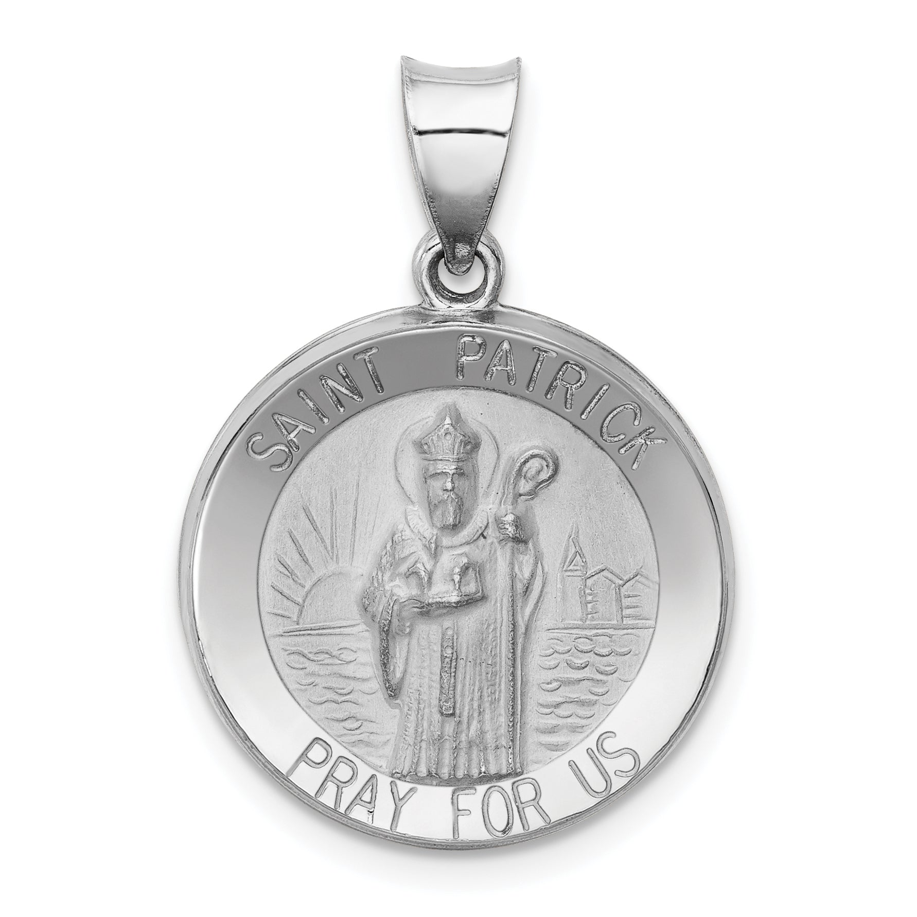14k White Gold Polished and Satin St Patrick Medal Hollow Pendant