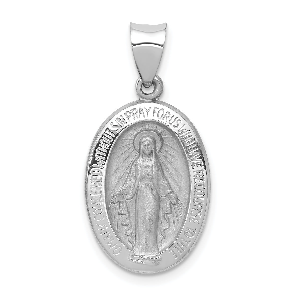14k White Gold Polished / Satin Miraculous Medal Hollow Pendant