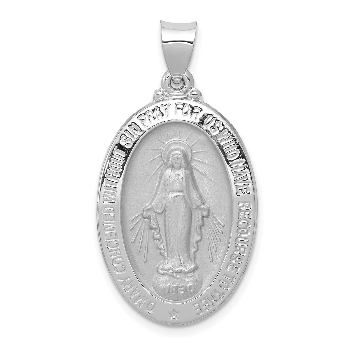 14k White Gold Polished/Satin Miraculous Medal Hollow Pendant
