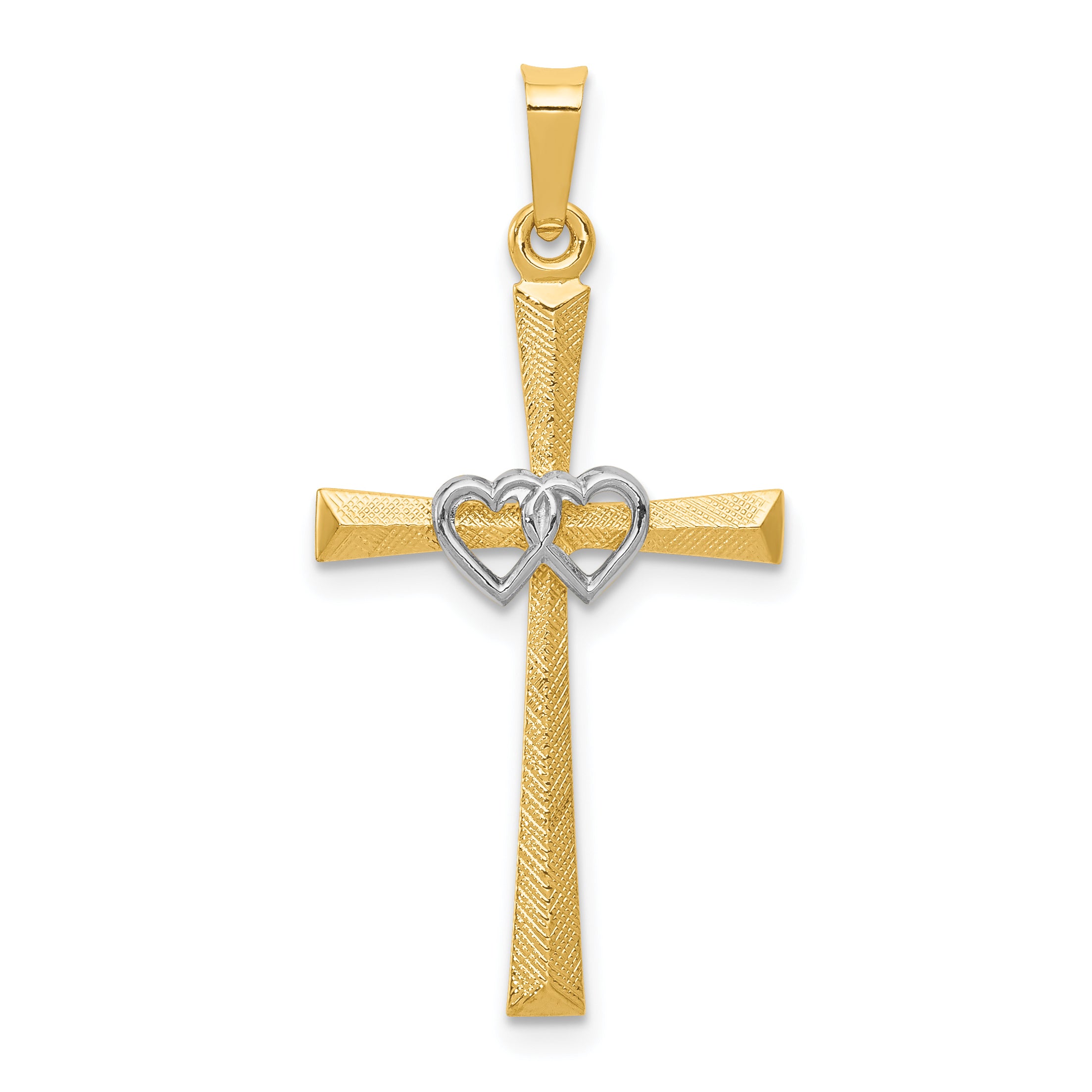 14K Two-tone Textured and Polished Latin Cross w/ Hearts Pendant Main image