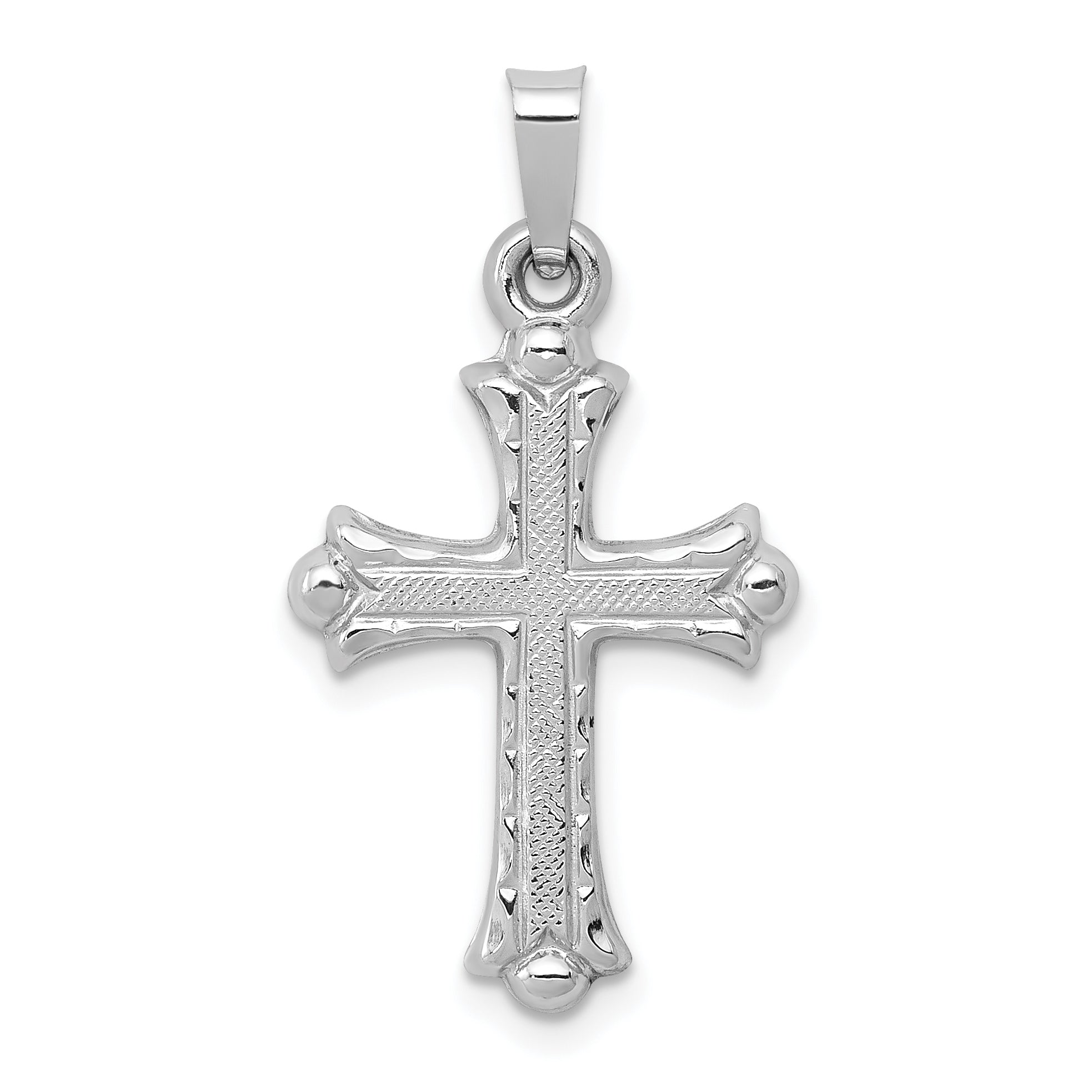 14K White Gold Textured and Polished Fleur de lis Cross Pendant Main image