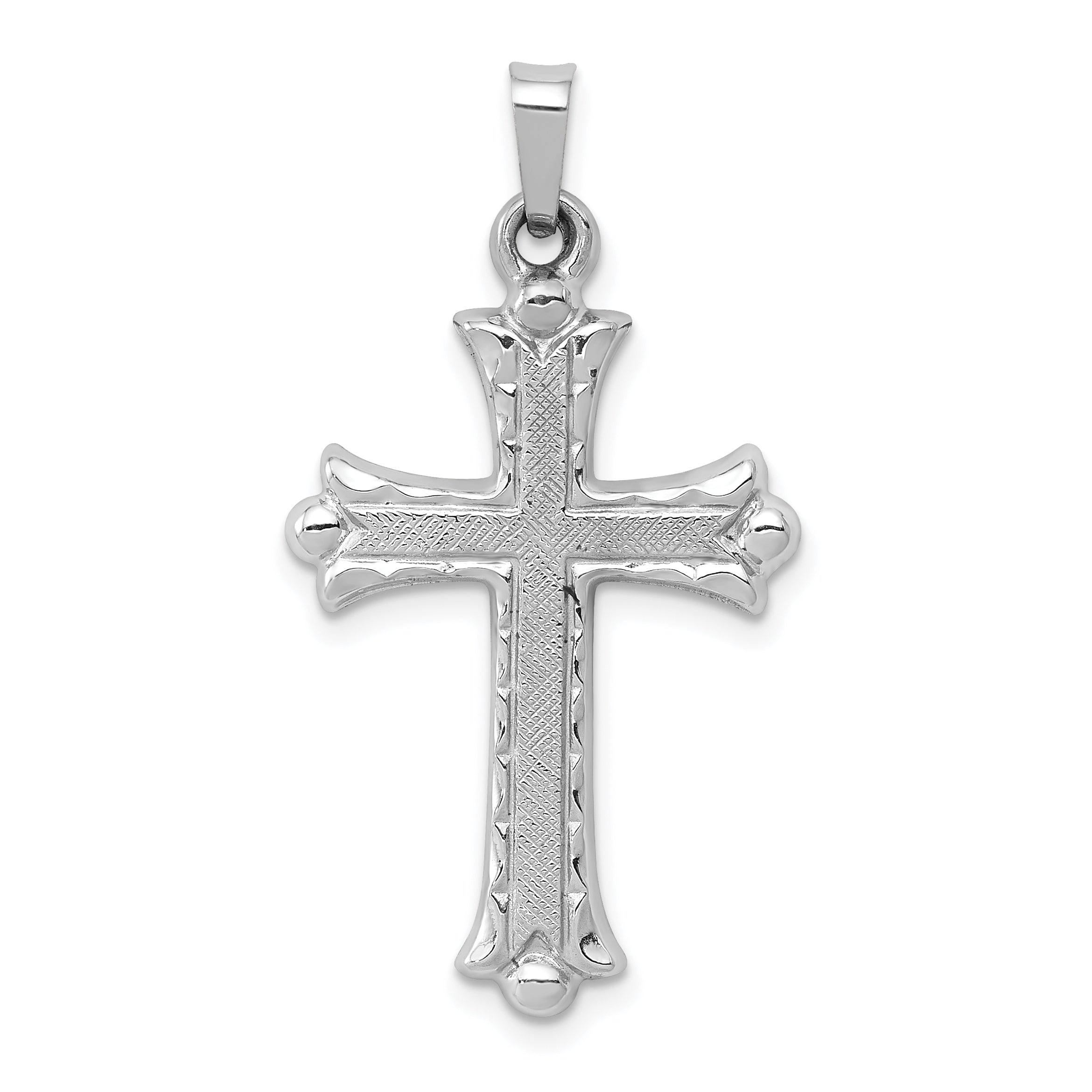 14K White Gold Textured and Polished Fleur de lis Cross Pendant Main image