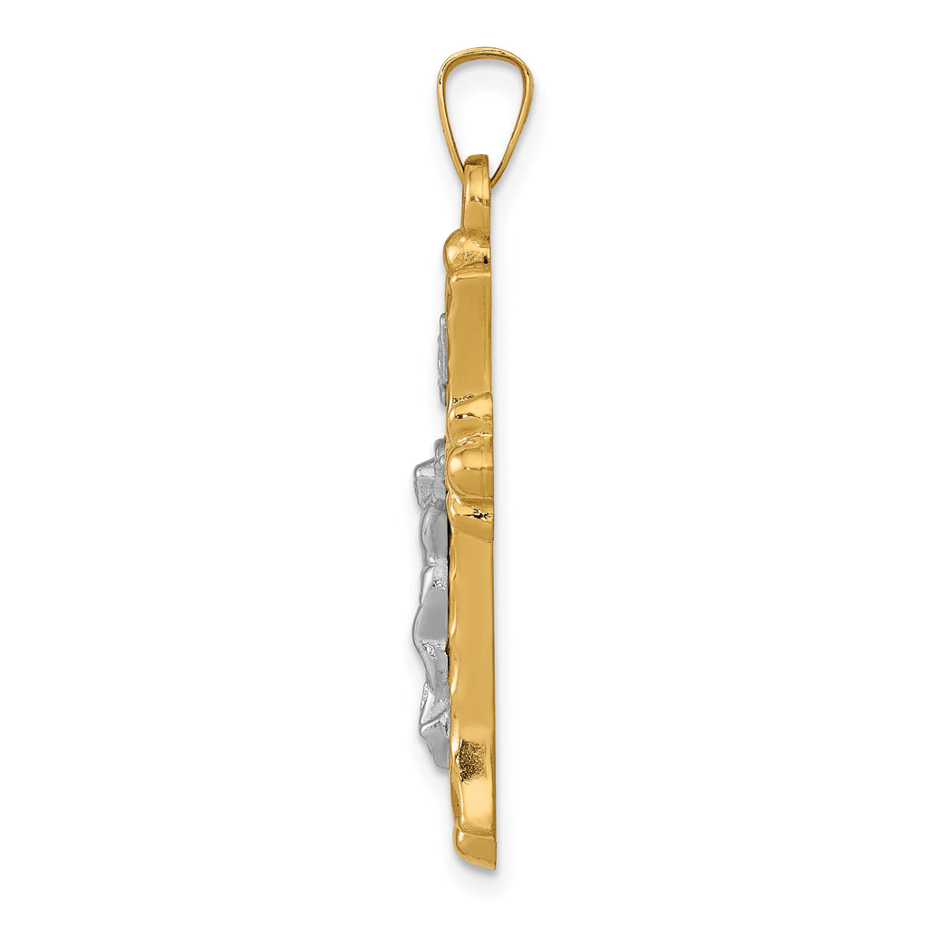 14K Two-Tone Textured and Polished INRI Crucifix Cross Pendant