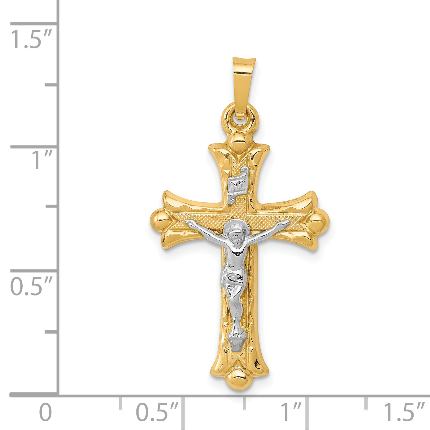 14K Two-Tone Textured and Polished INRI Crucifix Cross Pendant