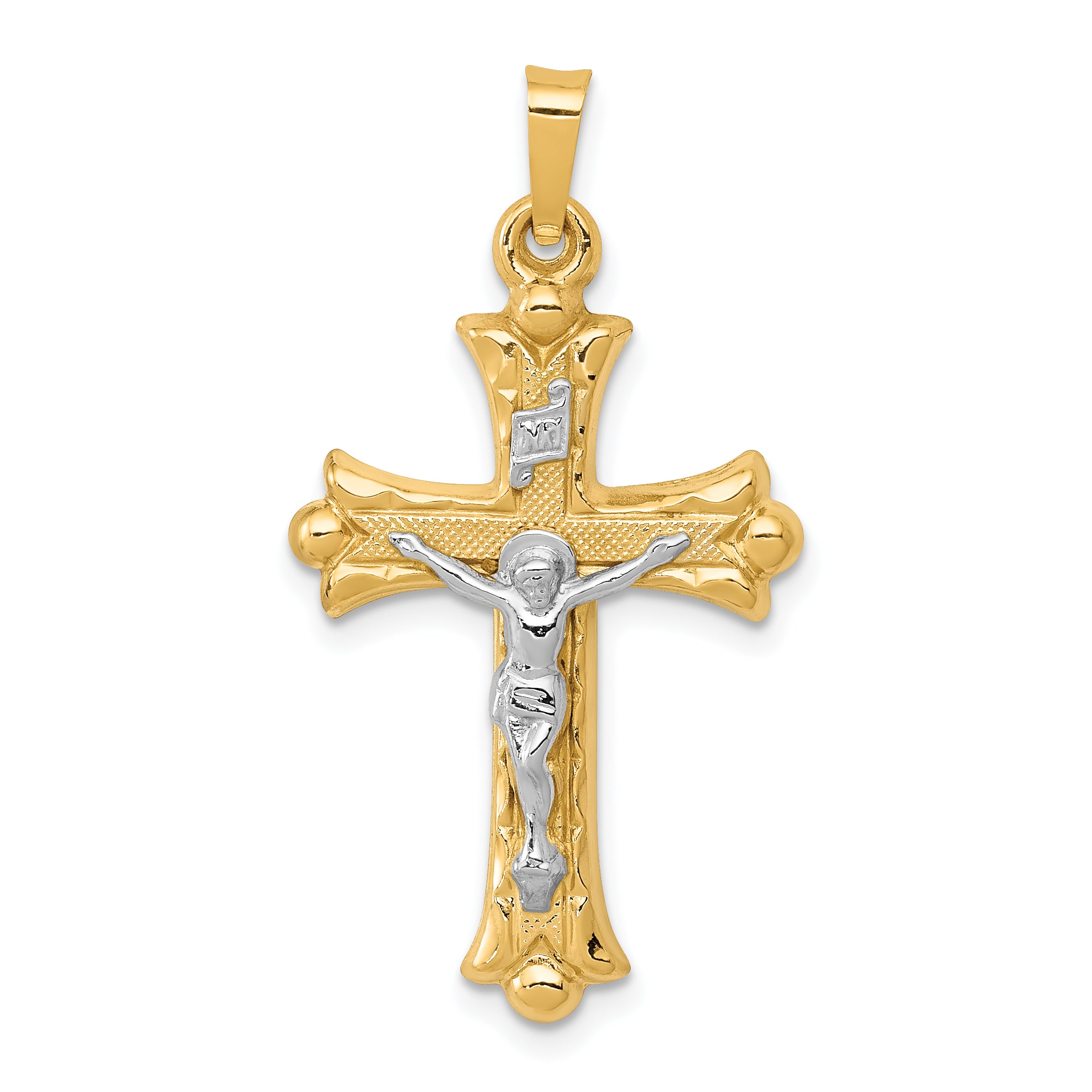14k Two-Tone Textured and Polished INRI Crucifix Cross Pendant