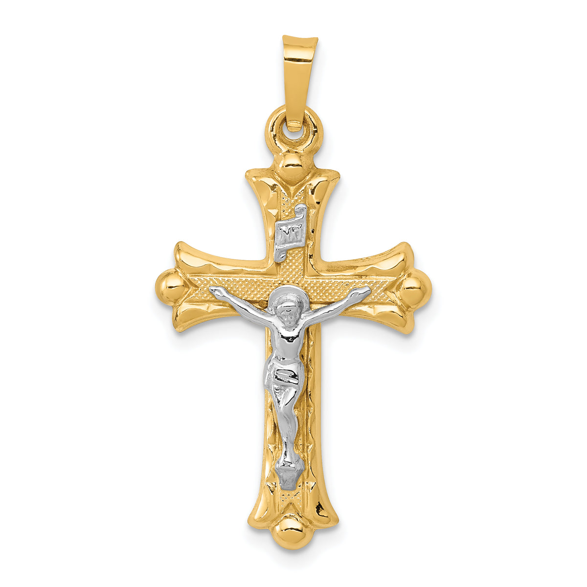 14k Two-Tone Textured and Polished INRI Crucifix Cross Pendant