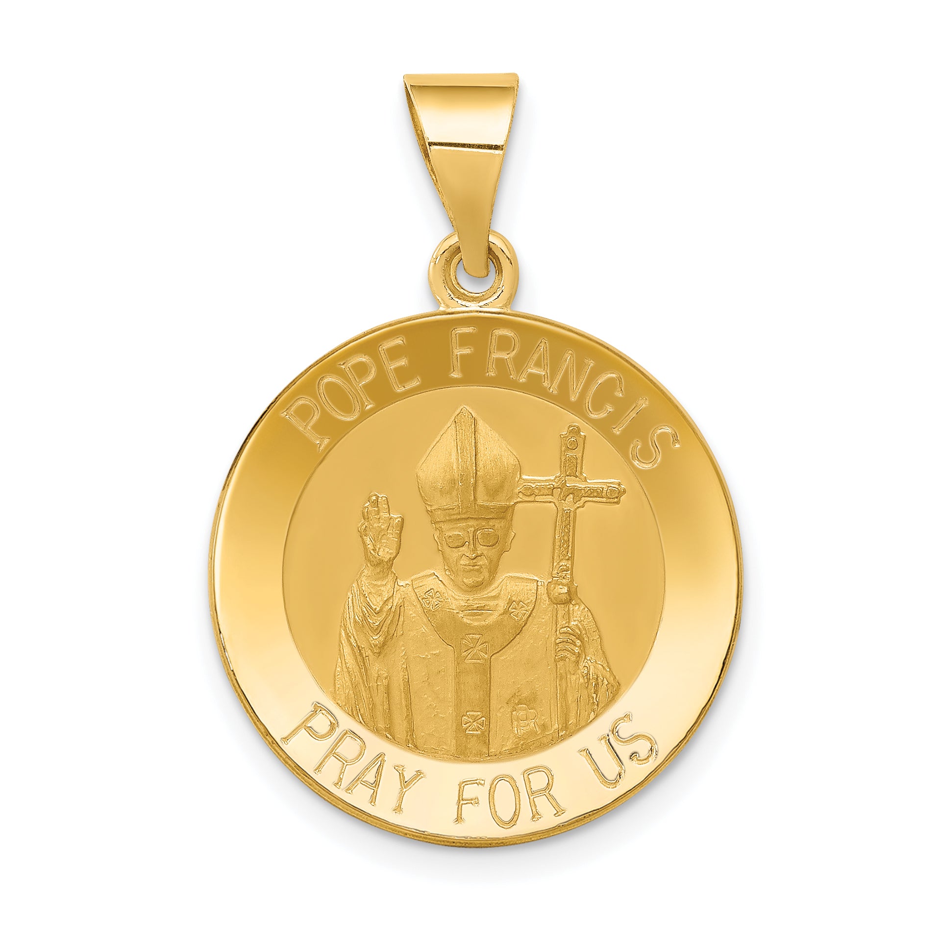 14K Gold Satin &Polished Hollow Pope Francis Medal