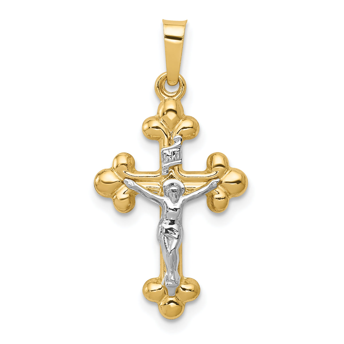 14k Two-tone Polished Budded INRI Crucifix Pendant