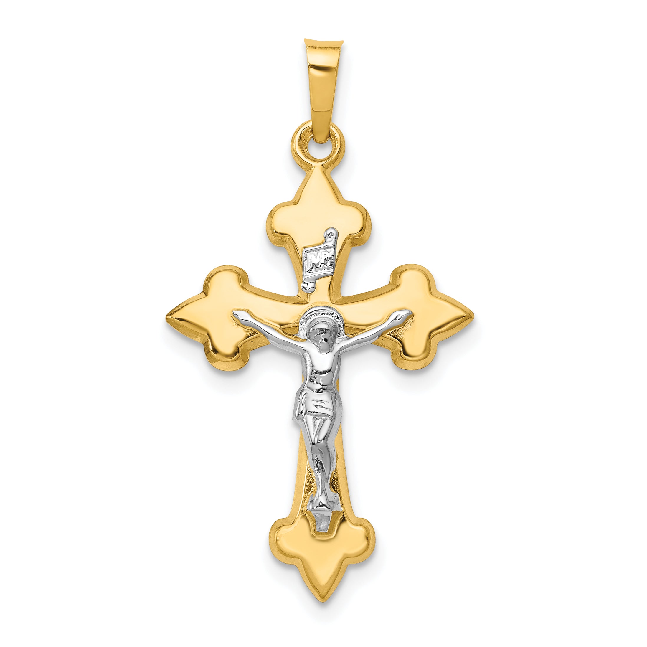 14k Two-tone Polished Fleur de Lis INRI Crucifix Pendant Main image