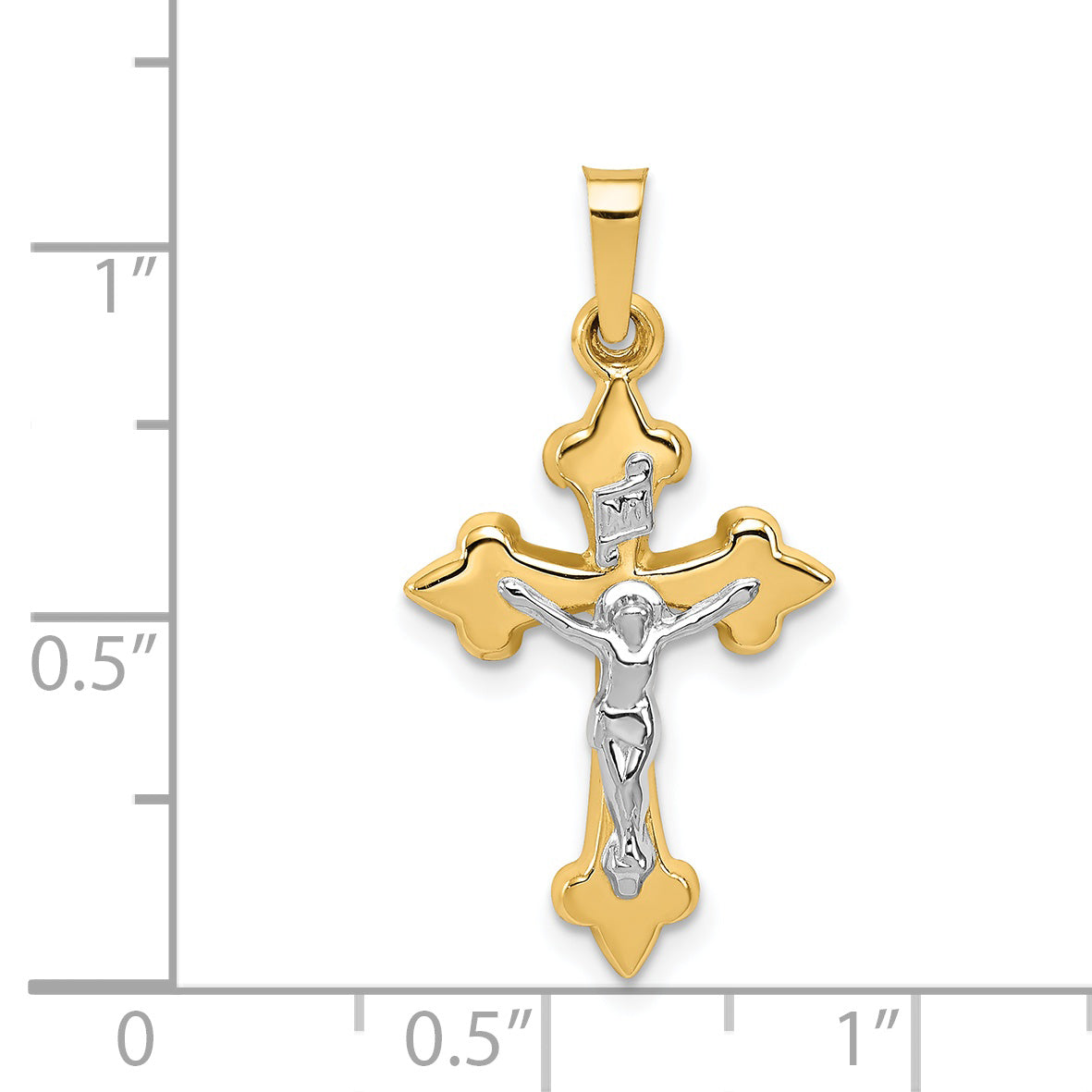 14K Two-tone Polished Fleur de Lis INRI Crucifix Pendant