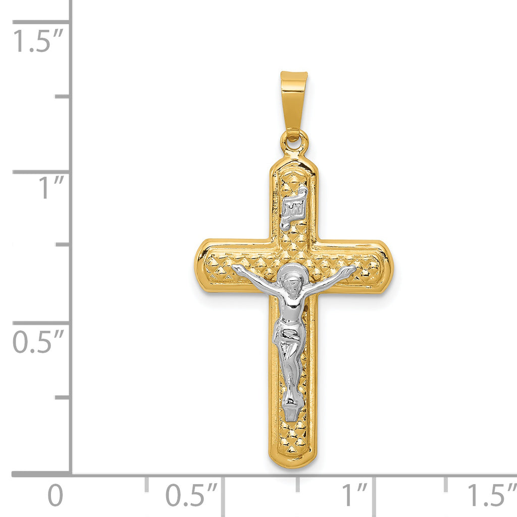14K Two-tone Polished and Textured INRI Crucifix Pendant