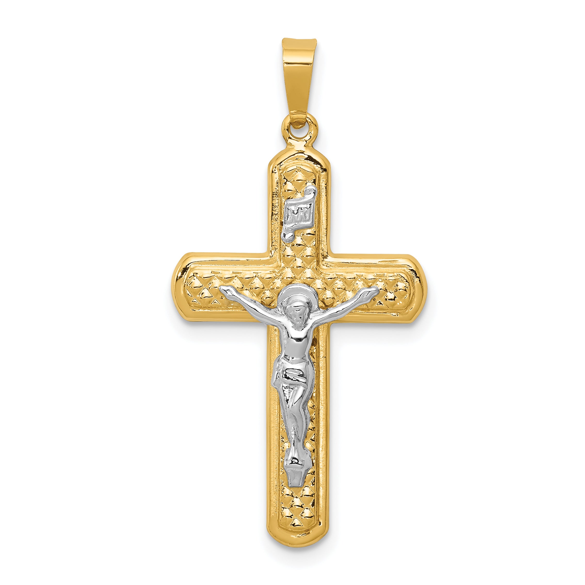 14k Two-tone Polished and Textured INRI Crucifix Pendant Main image