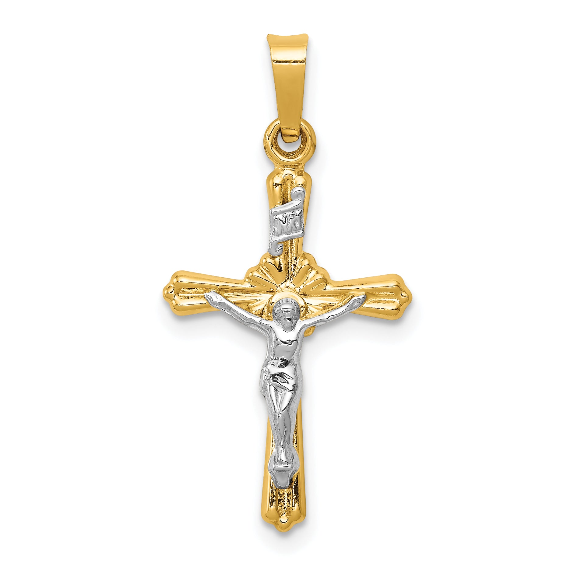 14k Two-tone Flower Center INRI Crucifix Pendant Main image