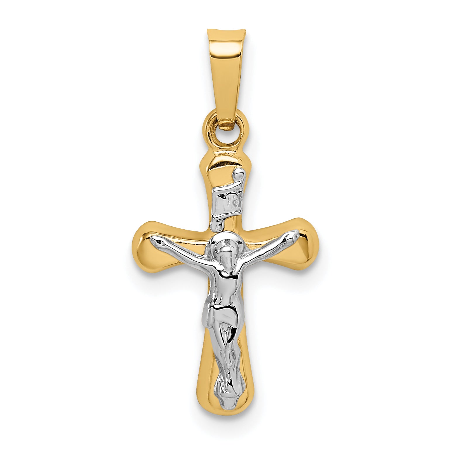 14k w/Rhodium Polished INRI Rounded Crucifix Pendant