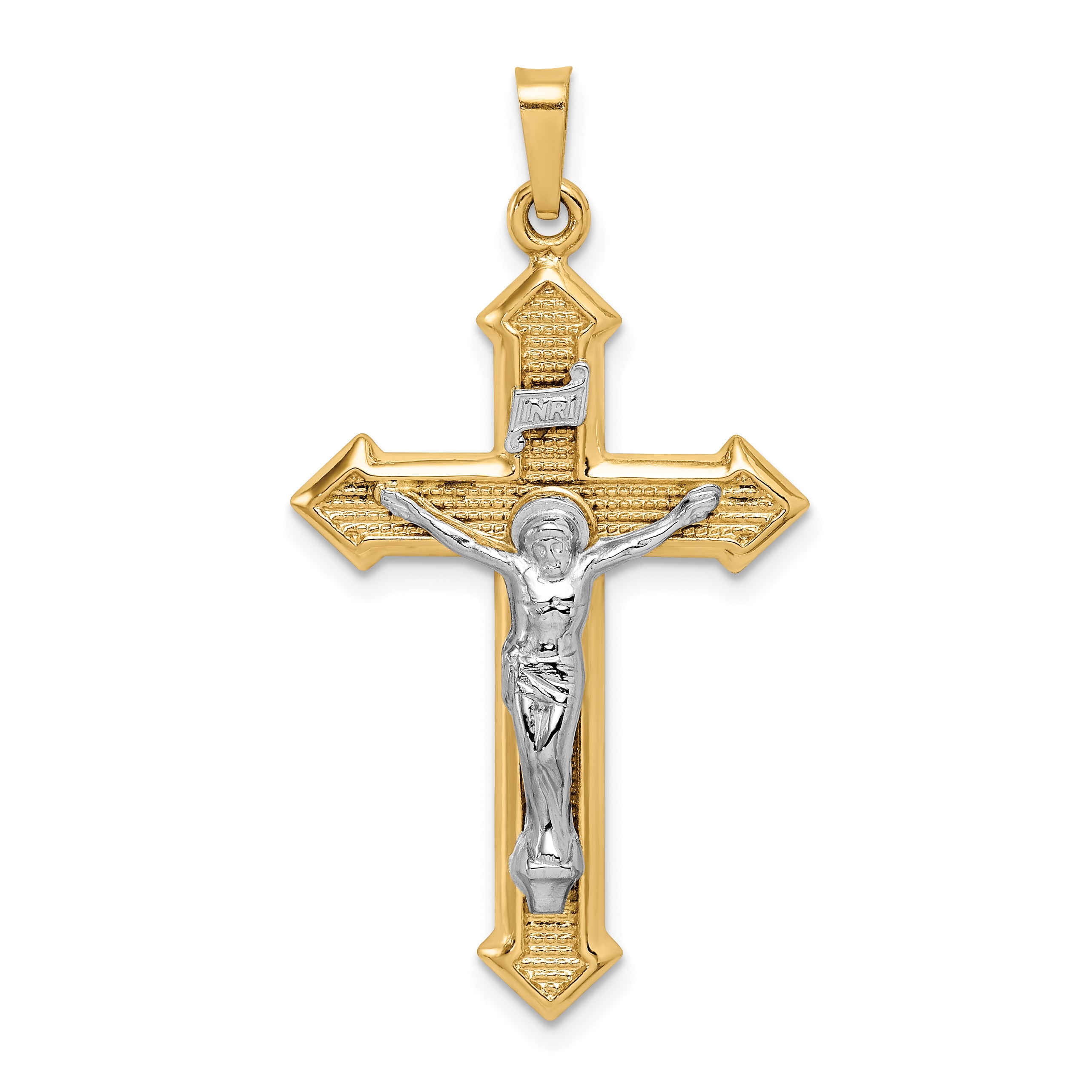14k Two-tone Polished and Textured INRI Crucifix Pendant