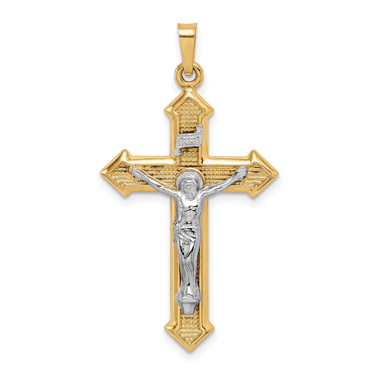 14k Two-tone Polished and Textured INRI Crucifix Pendant