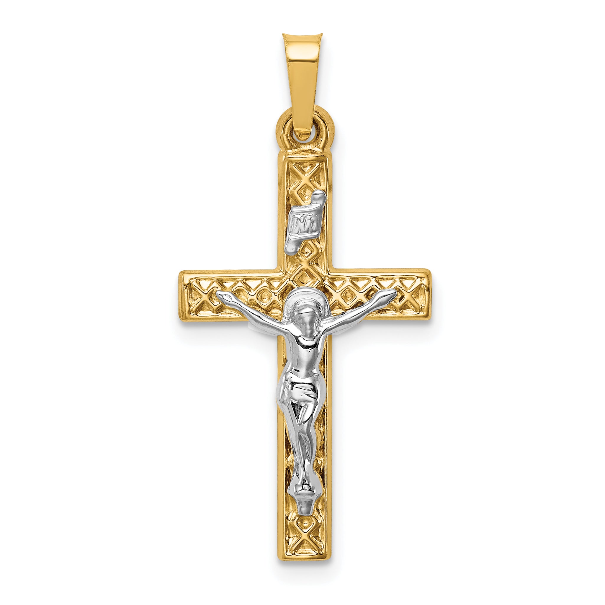 14k Two-tone Polished Lattice Textured INRI Crucifix Pendant Main image