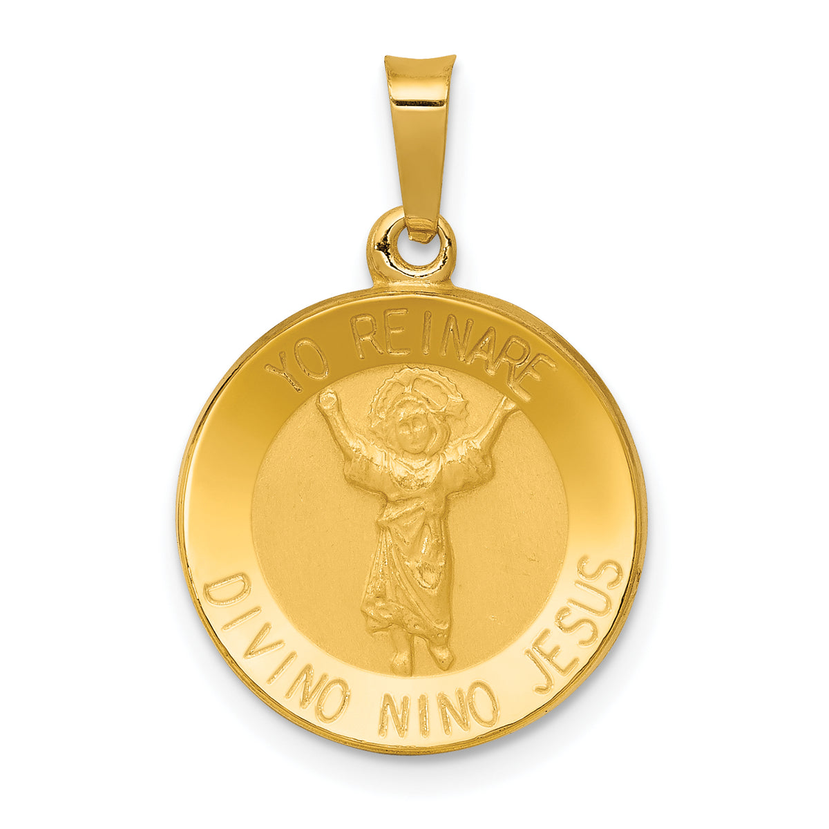 14K Polished Satin Hollow Divino Nino Round Medal Pendant