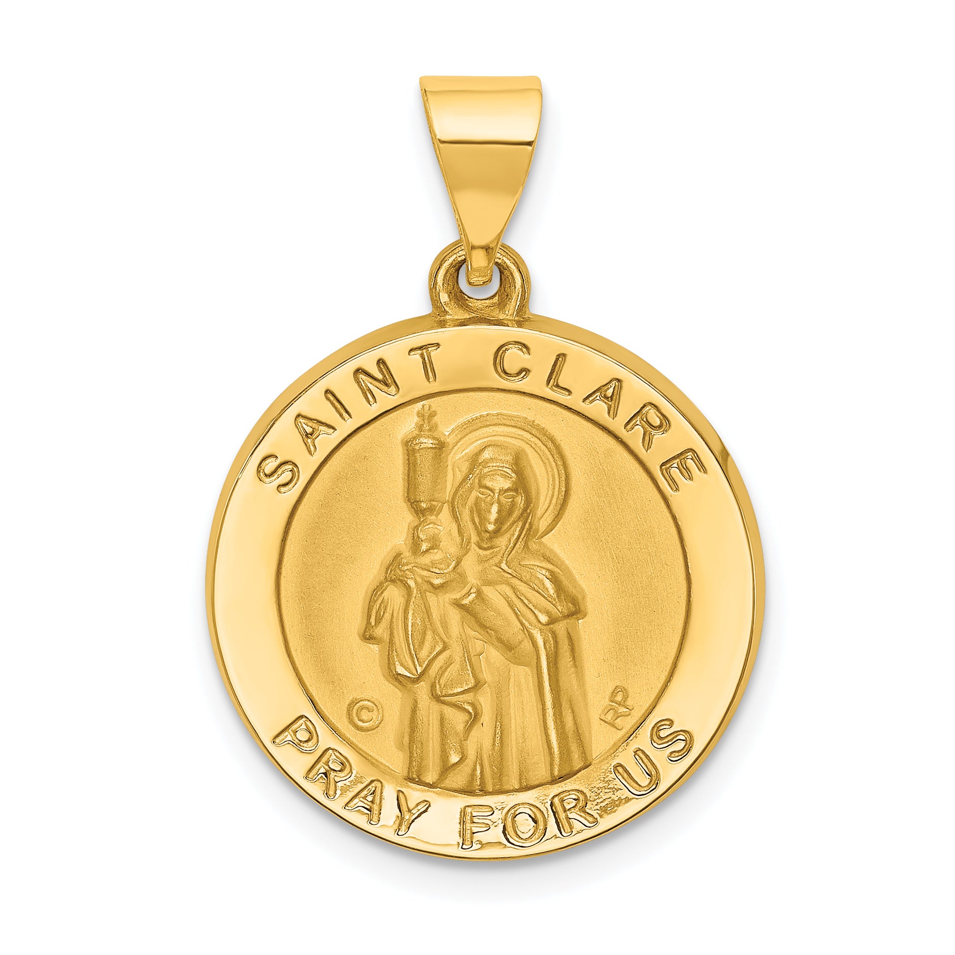 14K Polished/Satin St. Clare Hollow Medal Pendant