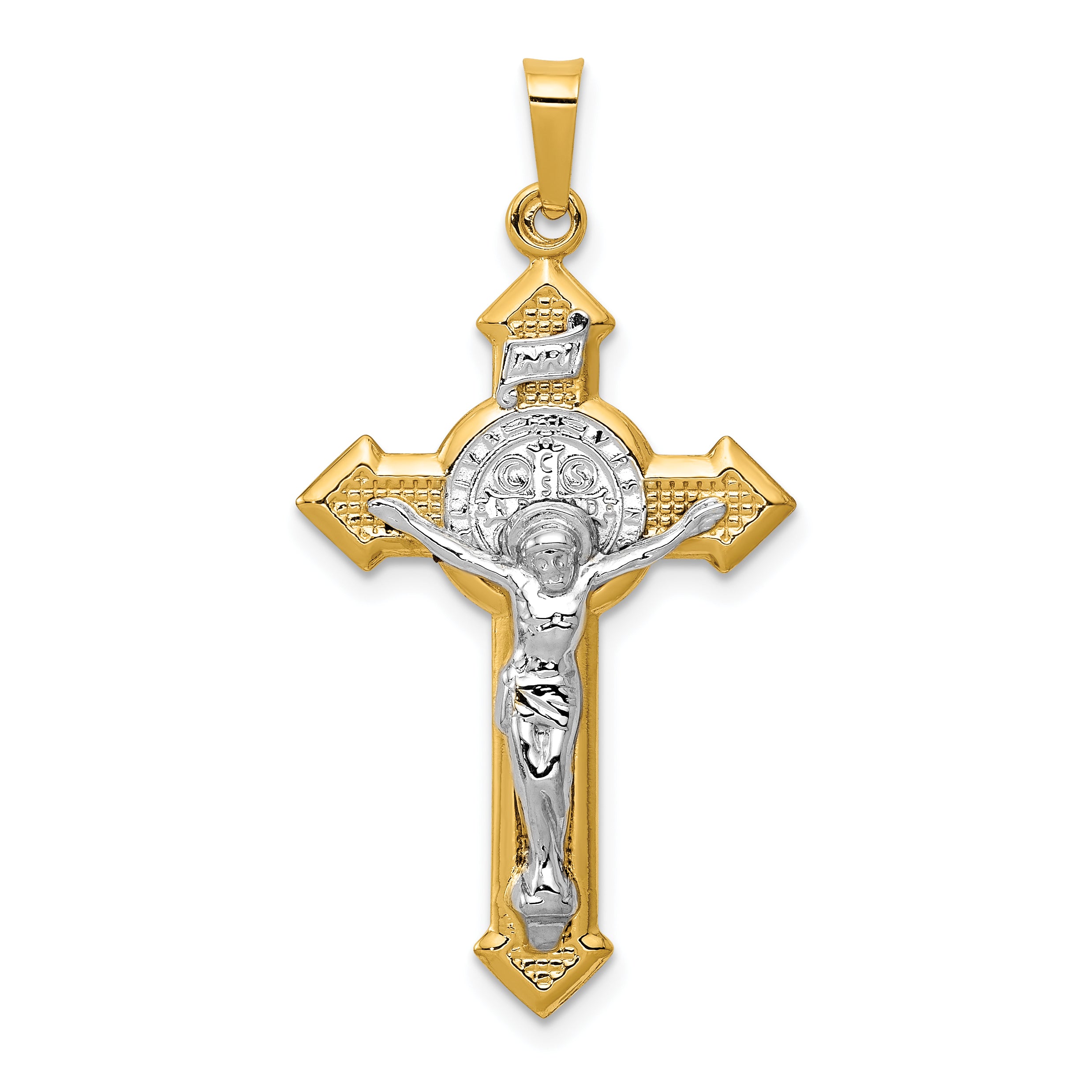 14k w/Rhodium St. Benedict Hollow Medal INRI Crucifix Pendant Main image