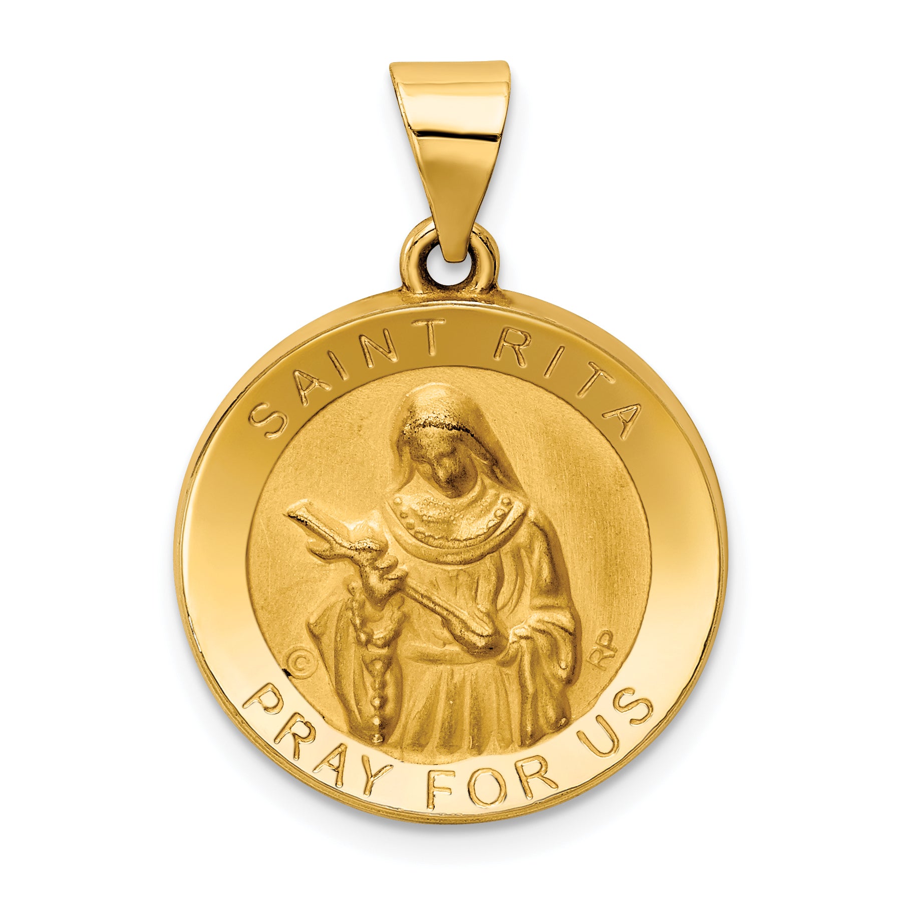14K Polished / Satin St. Rita Hollow Medal Pendant