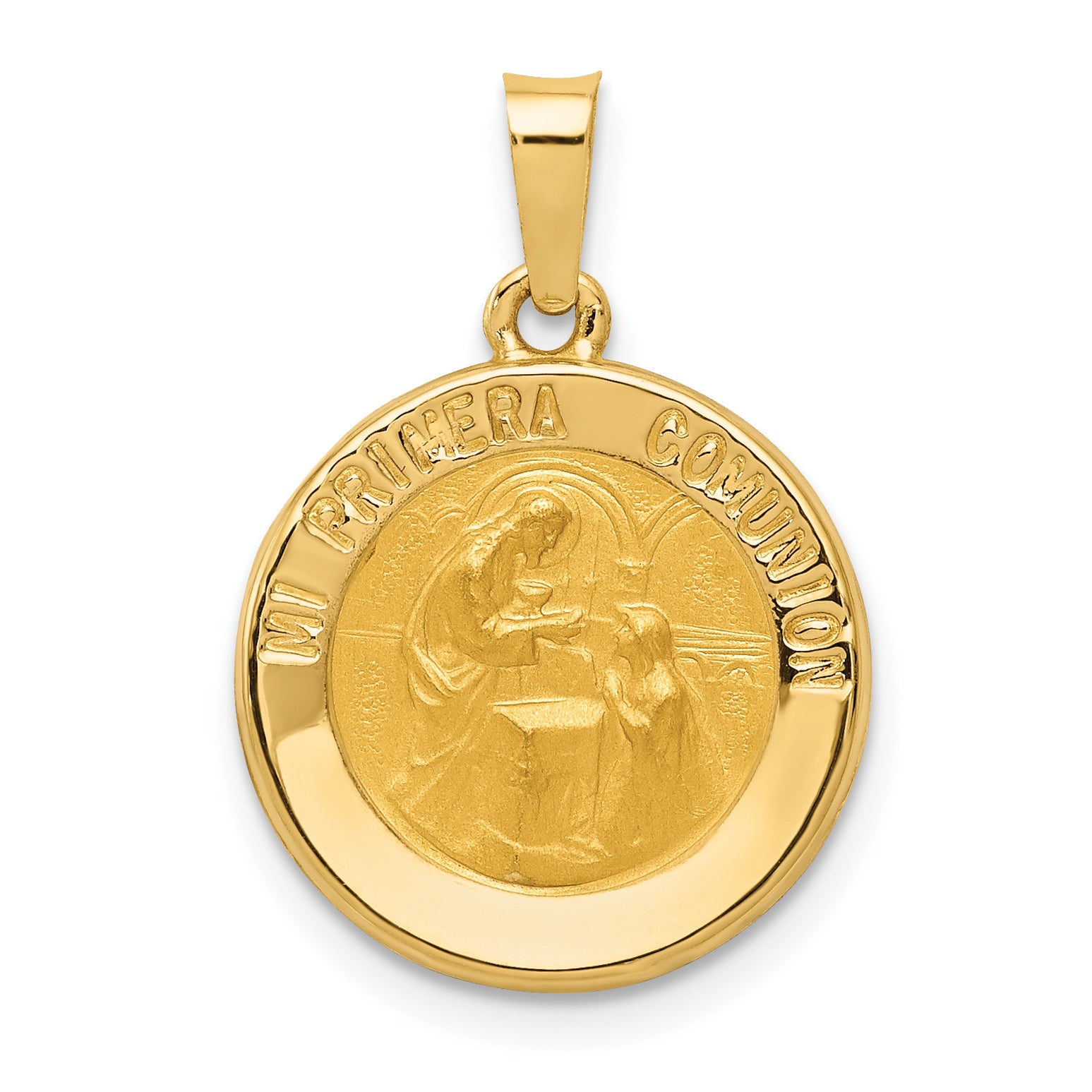 14k Polished/Satin Spanish 1st Communion Medal Hollow Pendant