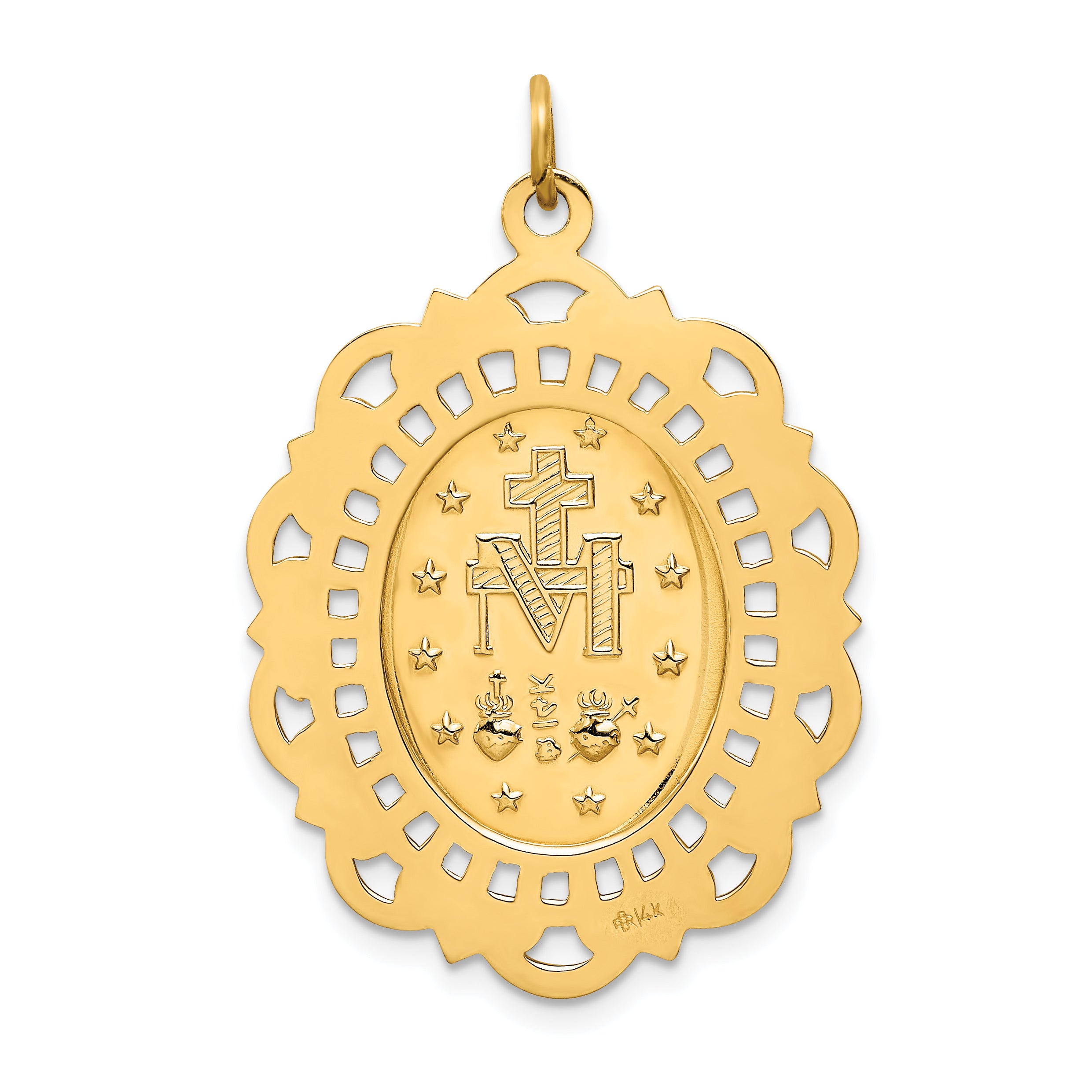 14k Solid Polished/Satin Fancy Pierced Oval Miraculous Medal