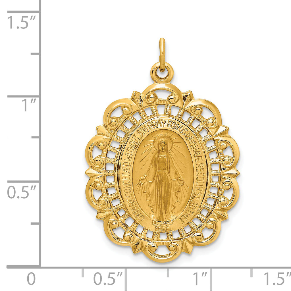 14k Solid Polished/Satin Fancy Pierced Oval Miraculous Medal