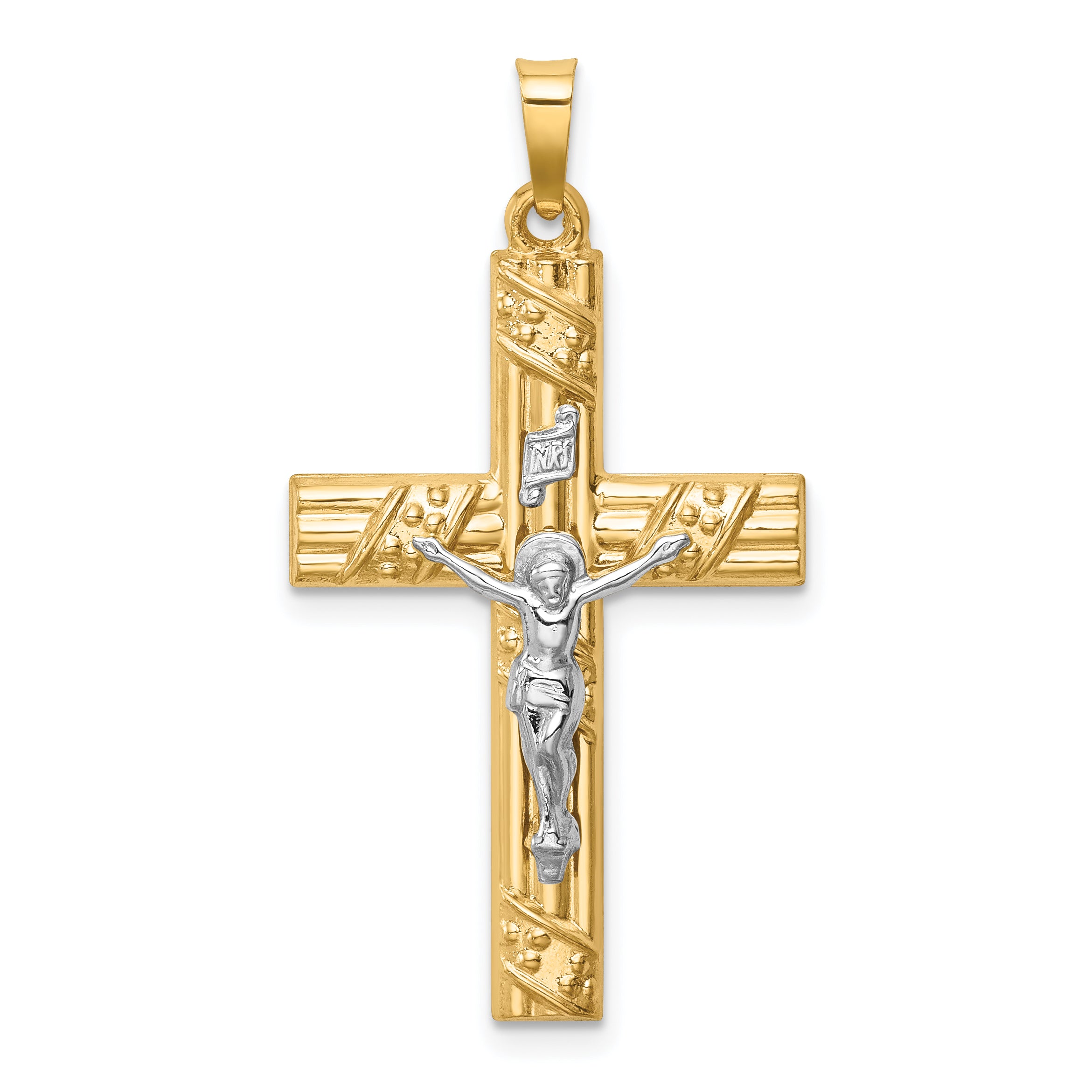 14k Two-tone Hollow Polished Textured & Striped Latin Crucifix Main image