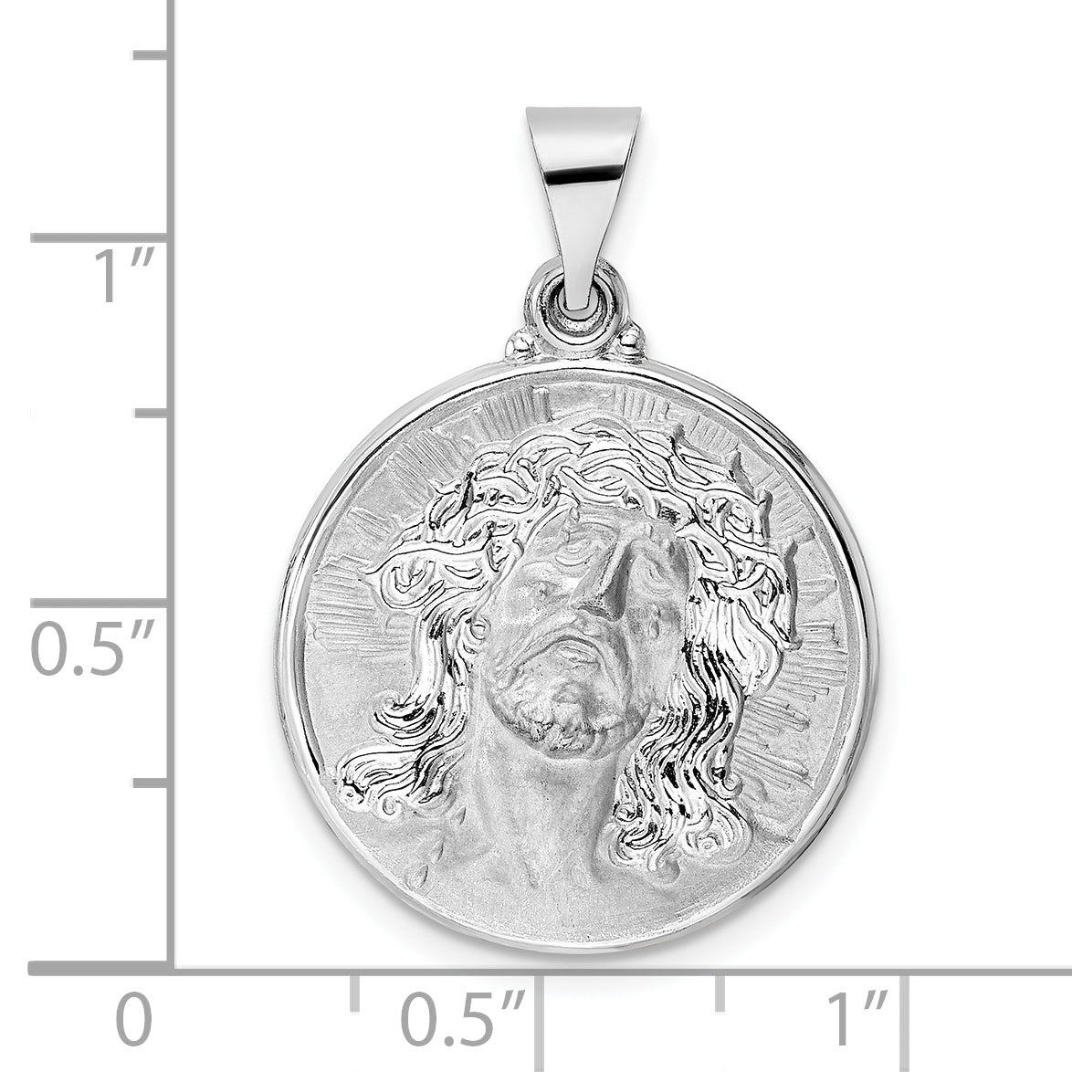14k White Gold Polished and Satin Hollow Jesus Face Disc Pendant