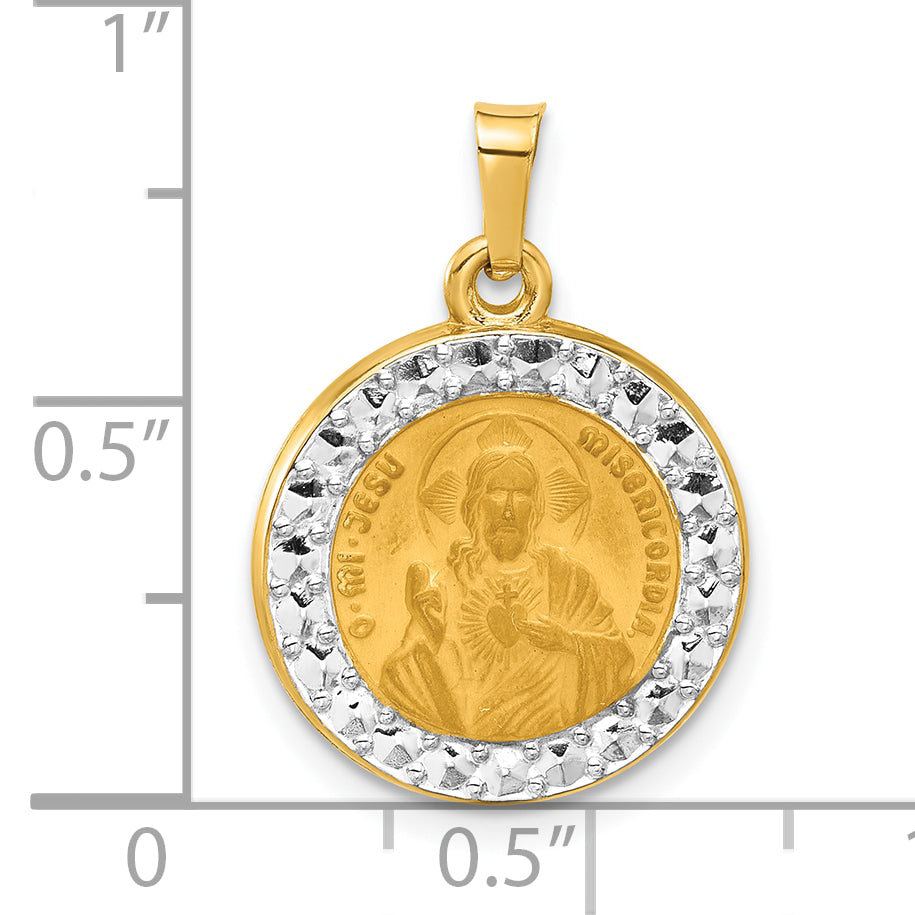 14K and White Rhodium Hollow Sacred Heart of Jesus Medal