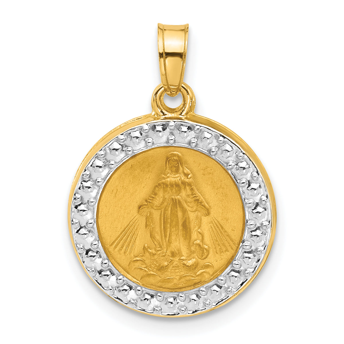 14K and White Rhodium Hollow Miraculous Mary Plain Back Medal
