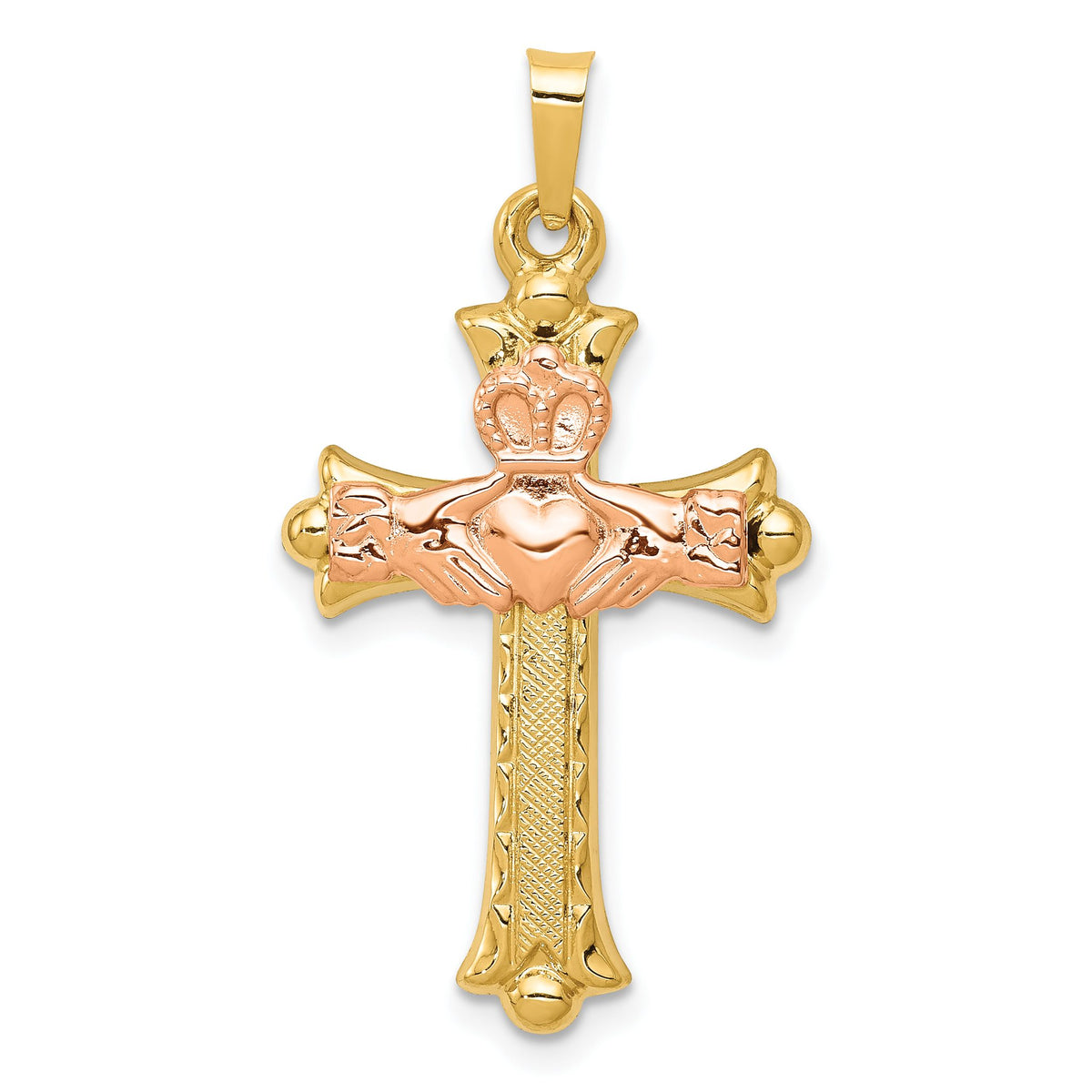 Claddagh Cross Pendant in 14K Two-Tone Gold, 18x31mm Textured - Sophia Jewelers Main image