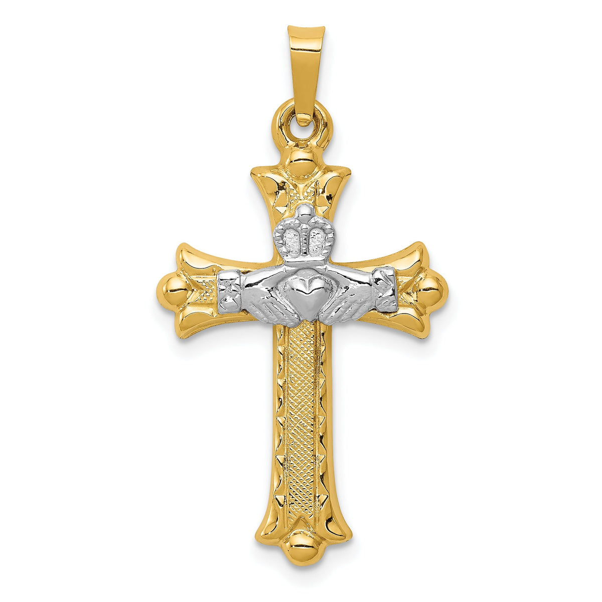 Claddagh Cross Pendant in 14K Two-Tone Gold, 18x27mm Textured - Sophia Jewelers Main image