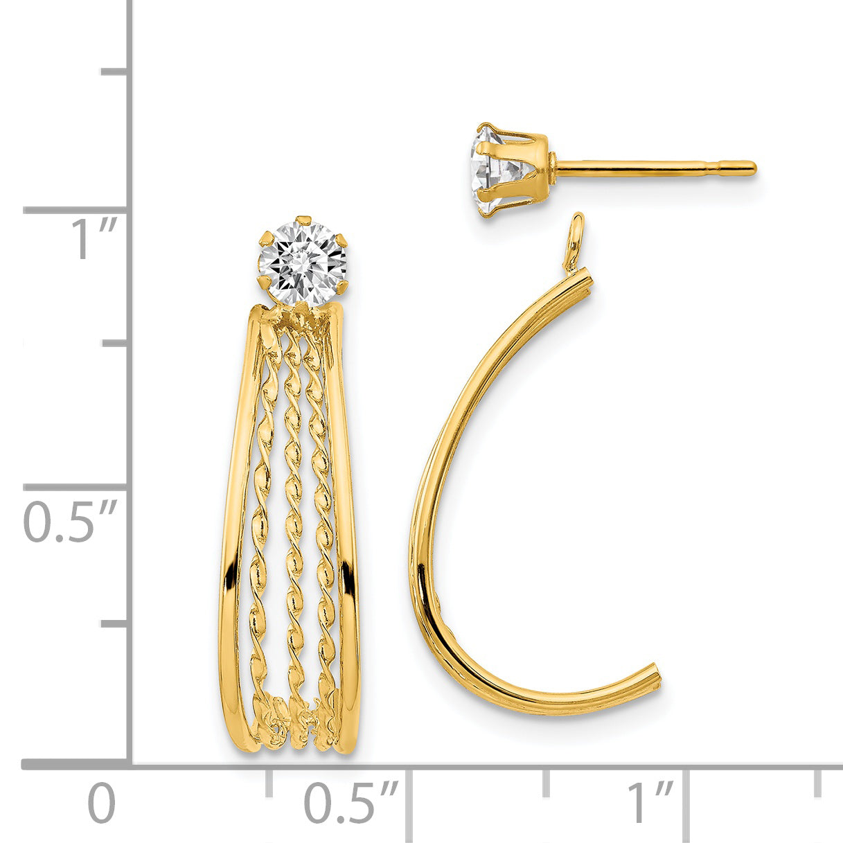 14K Yellow Gold J Hoop Polished w/CZ Stud Earrings